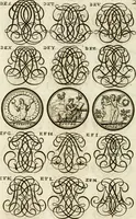 An illustration from Livre curieux et utile pour les sçavans et artistes : composé de trois alphabets de chiffres simples, doubles & triples, fleuronnez et au premier trait : accompagné d'un tres grand nombre de devises, emblêmes, médailles et autres figures hieroglyfiques : ensemble de plusieurs supports et cimiers pour les ornemens des armes : avec une table tres ample par le moyen de laquelle on trouvera facilement tous les noms imaginables (1685)