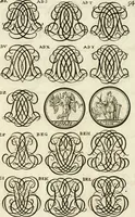 An illustration from Livre curieux et utile pour les sçavans et artistes : composé de trois alphabets de chiffres simples, doubles & triples, fleuronnez et au premier trait : accompagné d'un tres grand nombre de devises, emblêmes, médailles et autres figures hieroglyfiques : ensemble de plusieurs supports et cimiers pour les ornemens des armes : avec une table tres ample par le moyen de laquelle on trouvera facilement tous les noms imaginables (1685)