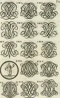 Picture 140 of 262 from Livre curieux et utile pour les sçavans et artistes : composé de trois alphabets de chiffres simples, doubles & triples, fleuronnez et au premier trait : accompagné d'un tres grand nombre de devises, emblêmes, médailles et autres figures hieroglyfiques : ensemble de plusieurs supports et cimiers pour les ornemens des armes : avec une table tres ample par le moyen de laquelle on trouvera facilement tous les noms imaginables (1685), leaf 221