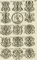 An illustration from Livre curieux et utile pour les sçavans et artistes : composé de trois alphabets de chiffres simples, doubles & triples, fleuronnez et au premier trait : accompagné d'un tres grand nombre de devises, emblêmes, médailles et autres figures hieroglyfiques : ensemble de plusieurs supports et cimiers pour les ornemens des armes : avec une table tres ample par le moyen de laquelle on trouvera facilement tous les noms imaginables (1685)
