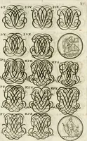 An illustration from Livre curieux et utile pour les sçavans et artistes : composé de trois alphabets de chiffres simples, doubles & triples, fleuronnez et au premier trait : accompagné d'un tres grand nombre de devises, emblêmes, médailles et autres figures hieroglyfiques : ensemble de plusieurs supports et cimiers pour les ornemens des armes : avec une table tres ample par le moyen de laquelle on trouvera facilement tous les noms imaginables (1685)
