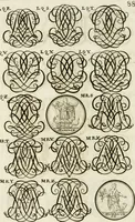 An illustration from Livre curieux et utile pour les sçavans et artistes : composé de trois alphabets de chiffres simples, doubles & triples, fleuronnez et au premier trait : accompagné d'un tres grand nombre de devises, emblêmes, médailles et autres figures hieroglyfiques : ensemble de plusieurs supports et cimiers pour les ornemens des armes : avec une table tres ample par le moyen de laquelle on trouvera facilement tous les noms imaginables (1685)