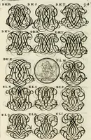 An illustration from Livre curieux et utile pour les sçavans et artistes : composé de trois alphabets de chiffres simples, doubles & triples, fleuronnez et au premier trait : accompagné d'un tres grand nombre de devises, emblêmes, médailles et autres figures hieroglyfiques : ensemble de plusieurs supports et cimiers pour les ornemens des armes : avec une table tres ample par le moyen de laquelle on trouvera facilement tous les noms imaginables (1685)