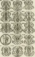 An illustration from Livre curieux et utile pour les sçavans et artistes : composé de trois alphabets de chiffres simples, doubles & triples, fleuronnez et au premier trait : accompagné d'un tres grand nombre de devises, emblêmes, médailles et autres figures hieroglyfiques : ensemble de plusieurs supports et cimiers pour les ornemens des armes : avec une table tres ample par le moyen de laquelle on trouvera facilement tous les noms imaginables (1685)
