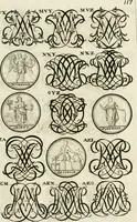 An illustration from Livre curieux et utile pour les sçavans et artistes : composé de trois alphabets de chiffres simples, doubles & triples, fleuronnez et au premier trait : accompagné d'un tres grand nombre de devises, emblêmes, médailles et autres figures hieroglyfiques : ensemble de plusieurs supports et cimiers pour les ornemens des armes : avec une table tres ample par le moyen de laquelle on trouvera facilement tous les noms imaginables (1685)
