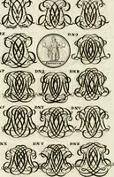 An illustration from Livre curieux et utile pour les sçavans et artistes : composé de trois alphabets de chiffres simples, doubles & triples, fleuronnez et au premier trait : accompagné d'un tres grand nombre de devises, emblêmes, médailles et autres figures hieroglyfiques : ensemble de plusieurs supports et cimiers pour les ornemens des armes : avec une table tres ample par le moyen de laquelle on trouvera facilement tous les noms imaginables (1685)