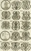 An illustration from Livre curieux et utile pour les sçavans et artistes : composé de trois alphabets de chiffres simples, doubles & triples, fleuronnez et au premier trait : accompagné d'un tres grand nombre de devises, emblêmes, médailles et autres figures hieroglyfiques : ensemble de plusieurs supports et cimiers pour les ornemens des armes : avec une table tres ample par le moyen de laquelle on trouvera facilement tous les noms imaginables (1685)