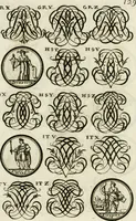 An illustration from Livre curieux et utile pour les sçavans et artistes : composé de trois alphabets de chiffres simples, doubles & triples, fleuronnez et au premier trait : accompagné d'un tres grand nombre de devises, emblêmes, médailles et autres figures hieroglyfiques : ensemble de plusieurs supports et cimiers pour les ornemens des armes : avec une table tres ample par le moyen de laquelle on trouvera facilement tous les noms imaginables (1685)