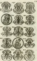 An illustration from Livre curieux et utile pour les sçavans et artistes : composé de trois alphabets de chiffres simples, doubles & triples, fleuronnez et au premier trait : accompagné d'un tres grand nombre de devises, emblêmes, médailles et autres figures hieroglyfiques : ensemble de plusieurs supports et cimiers pour les ornemens des armes : avec une table tres ample par le moyen de laquelle on trouvera facilement tous les noms imaginables (1685)