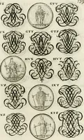 An illustration from Livre curieux et utile pour les sçavans et artistes : composé de trois alphabets de chiffres simples, doubles & triples, fleuronnez et au premier trait : accompagné d'un tres grand nombre de devises, emblêmes, médailles et autres figures hieroglyfiques : ensemble de plusieurs supports et cimiers pour les ornemens des armes : avec une table tres ample par le moyen de laquelle on trouvera facilement tous les noms imaginables (1685)