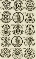 Picture 234 of 262 from Livre curieux et utile pour les sçavans et artistes : composé de trois alphabets de chiffres simples, doubles & triples, fleuronnez et au premier trait : accompagné d'un tres grand nombre de devises, emblêmes, médailles et autres figures hieroglyfiques : ensemble de plusieurs supports et cimiers pour les ornemens des armes : avec une table tres ample par le moyen de laquelle on trouvera facilement tous les noms imaginables (1685), leaf 301
