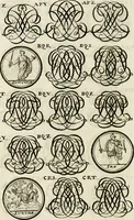 An illustration from Livre curieux et utile pour les sçavans et artistes : composé de trois alphabets de chiffres simples, doubles & triples, fleuronnez et au premier trait : accompagné d'un tres grand nombre de devises, emblêmes, médailles et autres figures hieroglyfiques : ensemble de plusieurs supports et cimiers pour les ornemens des armes : avec une table tres ample par le moyen de laquelle on trouvera facilement tous les noms imaginables (1685)