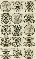 An illustration from Livre curieux et utile pour les sçavans et artistes : composé de trois alphabets de chiffres simples, doubles & triples, fleuronnez et au premier trait : accompagné d'un tres grand nombre de devises, emblêmes, médailles et autres figures hieroglyfiques : ensemble de plusieurs supports et cimiers pour les ornemens des armes : avec une table tres ample par le moyen de laquelle on trouvera facilement tous les noms imaginables (1685)