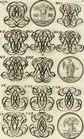 An illustration from Livre curieux et utile pour les sçavans et artistes : composé de trois alphabets de chiffres simples, doubles & triples, fleuronnez et au premier trait : accompagné d'un tres grand nombre de devises, emblêmes, médailles et autres figures hieroglyfiques : ensemble de plusieurs supports et cimiers pour les ornemens des armes : avec une table tres ample par le moyen de laquelle on trouvera facilement tous les noms imaginables (1685)