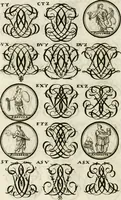 An illustration from Livre curieux et utile pour les sçavans et artistes : composé de trois alphabets de chiffres simples, doubles & triples, fleuronnez et au premier trait : accompagné d'un tres grand nombre de devises, emblêmes, médailles et autres figures hieroglyfiques : ensemble de plusieurs supports et cimiers pour les ornemens des armes : avec une table tres ample par le moyen de laquelle on trouvera facilement tous les noms imaginables (1685)