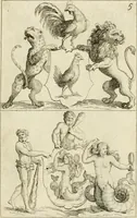 An illustration from Livre curieux et utile pour les sçavans et artistes : composé de trois alphabets de chiffres simples, doubles & triples, fleuronnez et au premier trait : accompagné d'un tres grand nombre de devises, emblêmes, médailles et autres figures hieroglyfiques : ensemble de plusieurs supports et cimiers pour les ornemens des armes : avec une table tres ample par le moyen de laquelle on trouvera facilement tous les noms imaginables (1685)