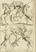 An illustration from Livre curieux et utile pour les sçavans et artistes : composé de trois alphabets de chiffres simples, doubles & triples, fleuronnez et au premier trait : accompagné d'un tres grand nombre de devises, emblêmes, médailles et autres figures hieroglyfiques : ensemble de plusieurs supports et cimiers pour les ornemens des armes : avec une table tres ample par le moyen de laquelle on trouvera facilement tous les noms imaginables (1685)