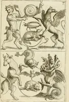 An illustration from Livre curieux et utile pour les sçavans et artistes : composé de trois alphabets de chiffres simples, doubles & triples, fleuronnez et au premier trait : accompagné d'un tres grand nombre de devises, emblêmes, médailles et autres figures hieroglyfiques : ensemble de plusieurs supports et cimiers pour les ornemens des armes : avec une table tres ample par le moyen de laquelle on trouvera facilement tous les noms imaginables (1685)