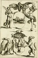 An illustration from Livre curieux et utile pour les sçavans et artistes : composé de trois alphabets de chiffres simples, doubles & triples, fleuronnez et au premier trait : accompagné d'un tres grand nombre de devises, emblêmes, médailles et autres figures hieroglyfiques : ensemble de plusieurs supports et cimiers pour les ornemens des armes : avec une table tres ample par le moyen de laquelle on trouvera facilement tous les noms imaginables (1685)