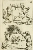An illustration from Livre curieux et utile pour les sçavans et artistes : composé de trois alphabets de chiffres simples, doubles & triples, fleuronnez et au premier trait : accompagné d'un tres grand nombre de devises, emblêmes, médailles et autres figures hieroglyfiques : ensemble de plusieurs supports et cimiers pour les ornemens des armes : avec une table tres ample par le moyen de laquelle on trouvera facilement tous les noms imaginables (1685)