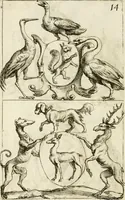 An illustration from Livre curieux et utile pour les sçavans et artistes : composé de trois alphabets de chiffres simples, doubles & triples, fleuronnez et au premier trait : accompagné d'un tres grand nombre de devises, emblêmes, médailles et autres figures hieroglyfiques : ensemble de plusieurs supports et cimiers pour les ornemens des armes : avec une table tres ample par le moyen de laquelle on trouvera facilement tous les noms imaginables (1685)