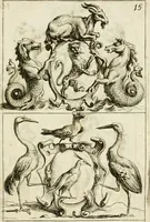 An illustration from Livre curieux et utile pour les sçavans et artistes : composé de trois alphabets de chiffres simples, doubles & triples, fleuronnez et au premier trait : accompagné d'un tres grand nombre de devises, emblêmes, médailles et autres figures hieroglyfiques : ensemble de plusieurs supports et cimiers pour les ornemens des armes : avec une table tres ample par le moyen de laquelle on trouvera facilement tous les noms imaginables (1685)