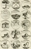 An illustration from Livre curieux et utile pour les sçavans et artistes : composé de trois alphabets de chiffres simples, doubles & triples, fleuronnez et au premier trait : accompagné d'un tres grand nombre de devises, emblêmes, médailles et autres figures hieroglyfiques : ensemble de plusieurs supports et cimiers pour les ornemens des armes : avec une table tres ample par le moyen de laquelle on trouvera facilement tous les noms imaginables (1685)