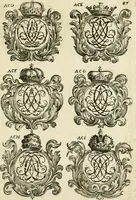 An illustration from Livre nouveau et utile pour toutes sortes d'artistes, et particulierement pour les orfevres, les orlogeurs, les peintres, les graveurs, les brodeurs, &c. : contenant quatre alphabets de chiffres fleuronnez au premier trait avec quantite de devises, d'emblemes et de noeuds d'amour : avec une table exacte pour trouver en général tous les noms et surnoms entrelassez (1690)