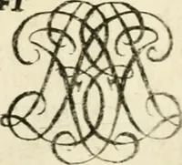 An illustration from Livre nouveau et utile pour toutes sortes d'artistes, et particulierement pour les orfevres, les orlogeurs, les peintres, les graveurs, les brodeurs, &c. : contenant quatre alphabets de chiffres fleuronnez au premier trait avec quantite de devises, d'emblemes et de noeuds d'amour : avec une table exacte pour trouver en général tous les noms et surnoms entrelassez (1690)