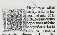 An illustration from Los tratados del doctor Alonso Ortiz : Tratado dela herida del rey. : Tratado consolatorio a la princesa de Portugal. : Item vna oracion alos reyes en latin y en romance : Item dos cartas me[n]ajeras a los reyes. Vna que embio [sic] la cibdad [sic] la otra el cabildo dela yglesia de Toledo : Tratado contra la carta del prothonotario de Lucena