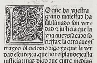 An illustration from Los tratados del doctor Alonso Ortiz : Tratado dela herida del rey. : Tratado consolatorio a la princesa de Portugal. : Item vna oracion alos reyes en latin y en romance : Item dos cartas me[n]ajeras a los reyes. Vna que embio [sic] la cibdad [sic] la otra el cabildo dela yglesia de Toledo : Tratado contra la carta del prothonotario de Lucena