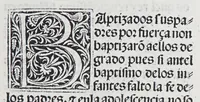An illustration from Los tratados del doctor Alonso Ortiz : Tratado dela herida del rey. : Tratado consolatorio a la princesa de Portugal. : Item vna oracion alos reyes en latin y en romance : Item dos cartas me[n]ajeras a los reyes. Vna que embio [sic] la cibdad [sic] la otra el cabildo dela yglesia de Toledo : Tratado contra la carta del prothonotario de Lucena