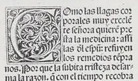 An illustration from Los tratados del doctor Alonso Ortiz : Tratado dela herida del rey. : Tratado consolatorio a la princesa de Portugal. : Item vna oracion alos reyes en latin y en romance : Item dos cartas me[n]ajeras a los reyes. Vna que embio [sic] la cibdad [sic] la otra el cabildo dela yglesia de Toledo : Tratado contra la carta del prothonotario de Lucena