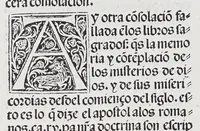 An illustration from Los tratados del doctor Alonso Ortiz : Tratado dela herida del rey. : Tratado consolatorio a la princesa de Portugal. : Item vna oracion alos reyes en latin y en romance : Item dos cartas me[n]ajeras a los reyes. Vna que embio [sic] la cibdad [sic] la otra el cabildo dela yglesia de Toledo : Tratado contra la carta del prothonotario de Lucena