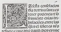 An illustration from Los tratados del doctor Alonso Ortiz : Tratado dela herida del rey. : Tratado consolatorio a la princesa de Portugal. : Item vna oracion alos reyes en latin y en romance : Item dos cartas me[n]ajeras a los reyes. Vna que embio [sic] la cibdad [sic] la otra el cabildo dela yglesia de Toledo : Tratado contra la carta del prothonotario de Lucena