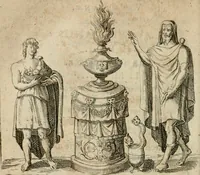 An illustration from L'utilité des voyages : qui concernent la connoissance des médailles, inscriptions, statues, dieux lares, peintures anciennes, et les bas reliefs, pierres precieuses et gravées, cachets, talismans, anneaux, manuscrits, langues, & autres choses remarquables, et l'avantage que la recherche de toutes ces antiquitez procure aux sçavans, avec un memoire de quelques observations generales qu'on peut faire pour ne pas voyager inutilement (1693)
