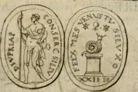 An illustration from L'utilité des voyages : qui concernent la connoissance des médailles, inscriptions, statues, dieux lares, peintures anciennes, et les bas reliefs, pierres precieuses et gravées, cachets, talismans, anneaux, manuscrits, langues, & autres choses remarquables, et l'avantage que la recherche de toutes ces antiquitez procure aux sçavans, avec un memoire de quelques observations generales qu'on peut faire pour ne pas voyager inutilement (1693)