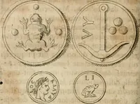 An illustration from L'utilité des voyages : qui concernent la connoissance des médailles, inscriptions, statues, dieux lares, peintures anciennes, et les bas reliefs, pierres precieuses et gravées, cachets, talismans, anneaux, manuscrits, langues, & autres choses remarquables, et l'avantage que la recherche de toutes ces antiquitez procure aux sçavans, avec un memoire de quelques observations generales qu'on peut faire pour ne pas voyager inutilement (1693)