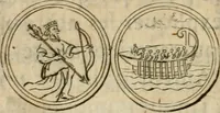 An illustration from L'utilité des voyages : qui concernent la connoissance des médailles, inscriptions, statues, dieux lares, peintures anciennes, et les bas reliefs, pierres precieuses et gravées, cachets, talismans, anneaux, manuscrits, langues, & autres choses remarquables, et l'avantage que la recherche de toutes ces antiquitez procure aux sçavans, avec un memoire de quelques observations generales qu'on peut faire pour ne pas voyager inutilement (1693)