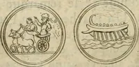 An illustration from L'utilité des voyages : qui concernent la connoissance des médailles, inscriptions, statues, dieux lares, peintures anciennes, et les bas reliefs, pierres precieuses et gravées, cachets, talismans, anneaux, manuscrits, langues, & autres choses remarquables, et l'avantage que la recherche de toutes ces antiquitez procure aux sçavans, avec un memoire de quelques observations generales qu'on peut faire pour ne pas voyager inutilement (1693)