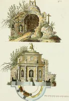An illustration from Magazijn van tuin-sieraaden, of, Verzameling van modellen van aanleg en sieraad, voor groote en kleine lust-hoven, voorn amelijk van dezulke die, met weinig kosten, te maaken zijn (1802)