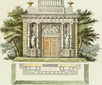 An illustration from Magazijn van tuin-sieraaden, of, Verzameling van modellen van aanleg en sieraad, voor groote en kleine lust-hoven, voorn amelijk van dezulke die, met weinig kosten, te maaken zijn (1802)