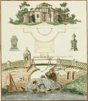 An illustration from Magazijn van tuin-sieraaden, of, Verzameling van modellen van aanleg en sieraad, voor groote en kleine lust-hoven, voorn amelijk van dezulke die, met weinig kosten, te maaken zijn (1802)
