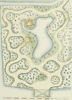 An illustration from Magazijn van tuin-sieraaden, of, Verzameling van modellen van aanleg en sieraad, voor groote en kleine lust-hoven, voorn amelijk van dezulke die, met weinig kosten, te maaken zijn (1802)