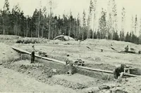 An illustration from The making of a great Canadian railway; the story of the search for and discovery of the search for and discovery of the route, and the constru ction of the nearly completed Grand trunk Pacific railway from the Atlantic to the Pacific, with some account of the hardships and stirring adventures of its constructors in unexplored country (1912)