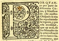 An illustration from Manual de los santos sacramentos conforme al ritual de Paulo V. : Formado por mandado del ilustrissimo, y excelentissimo seor D. Juan de Palafox, y Mendoza, siendo obispo de la Puebla de los Angeles, electo arçobispo de Mexico ... Impresso con privilegio en Mexico el Ao de 1642. Repetida segunda vez su ediccion el Año de 1671. en Mexico con las dos licencias del superior govierno, y ecclesiastica (1691)