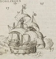An illustration from The mariners mirrour : wherin may playnly be seen the courses, heights, distances, depths, soundings, flouds and ebs, risings of lands, rocks, sands and shoalds, with the marks for th'entrings of the harbouroughs, havens and ports of the greatest part of Europe: their seueral traficks and commodities: together w.th the rules and instrume[n]ts of navigation. (1588)