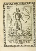 An illustration from Martini Hamconii Frisia; seu, De viris rebusque Frisiae illustribus libri duo. Opus ab authore recognitum, auctum, & imaginibus regum, potestatum, ac principum exornatum. Adiecti sunt pontifices Frisiorum ethnici, seu praefecti druydum: episcopi ultraiectini: comites Hollandiae & Zelandiae: diplomataque, & monumenta aliquot pontificum, caesarum, ac aliorum heroum, virtutem Frisiorum declarantia (1620)