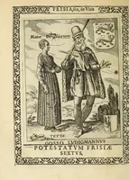 An illustration from Martini Hamconii Frisia; seu, De viris rebusque Frisiae illustribus libri duo. Opus ab authore recognitum, auctum, & imaginibus regum, potestatum, ac principum exornatum. Adiecti sunt pontifices Frisiorum ethnici, seu praefecti druydum: episcopi ultraiectini: comites Hollandiae & Zelandiae: diplomataque, & monumenta aliquot pontificum, caesarum, ac aliorum heroum, virtutem Frisiorum declarantia (1620)