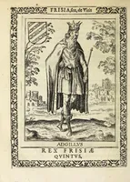 An illustration from Martini Hamconii Frisia; seu, De viris rebusque Frisiae illustribus libri duo. Opus ab authore recognitum, auctum, & imaginibus regum, potestatum, ac principum exornatum. Adiecti sunt pontifices Frisiorum ethnici, seu praefecti druydum: episcopi ultraiectini: comites Hollandiae & Zelandiae: diplomataque, & monumenta aliquot pontificum, caesarum, ac aliorum heroum, virtutem Frisiorum declarantia (1620)